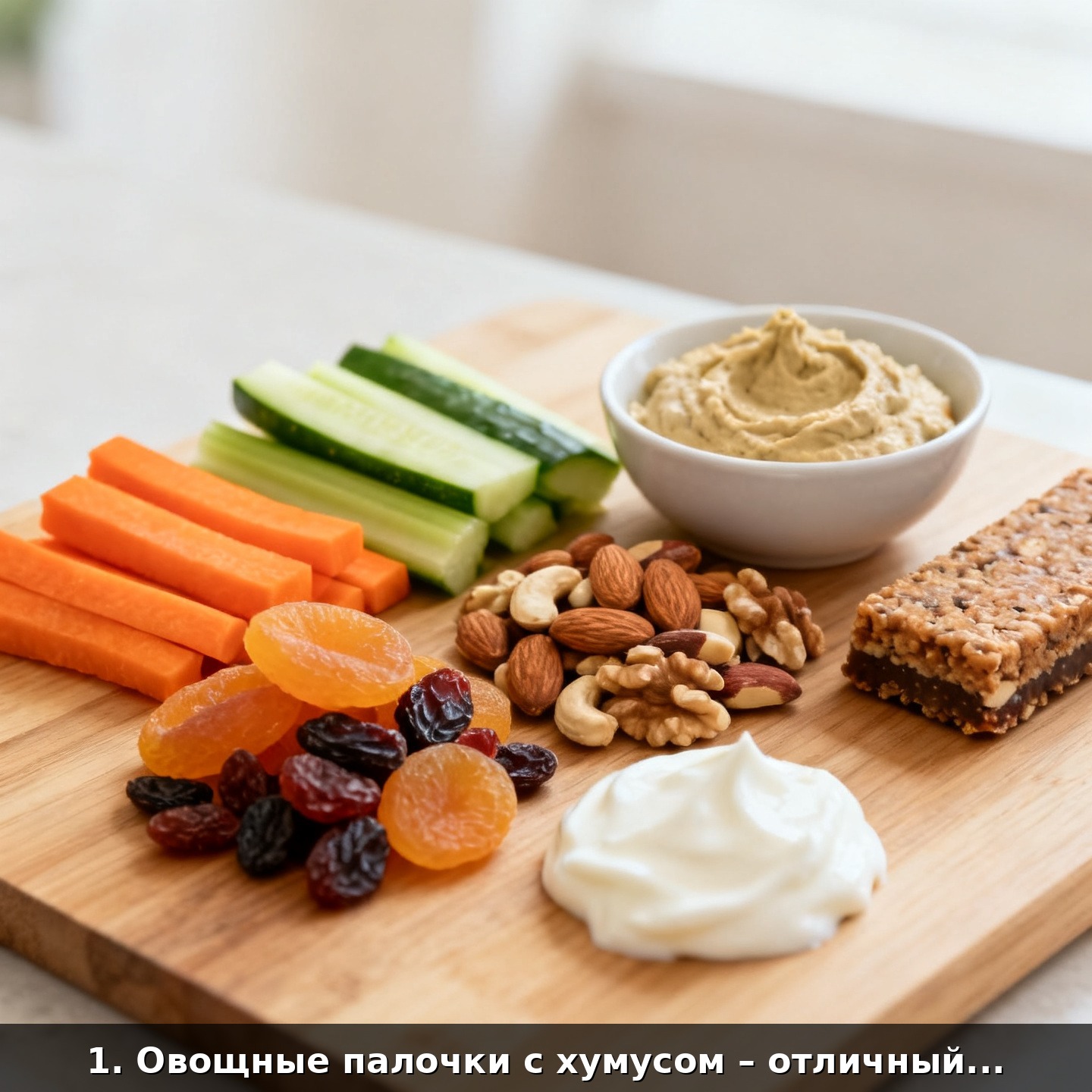 1. Овощные палочки с хумусом – отличный источник клетчатки и белка.