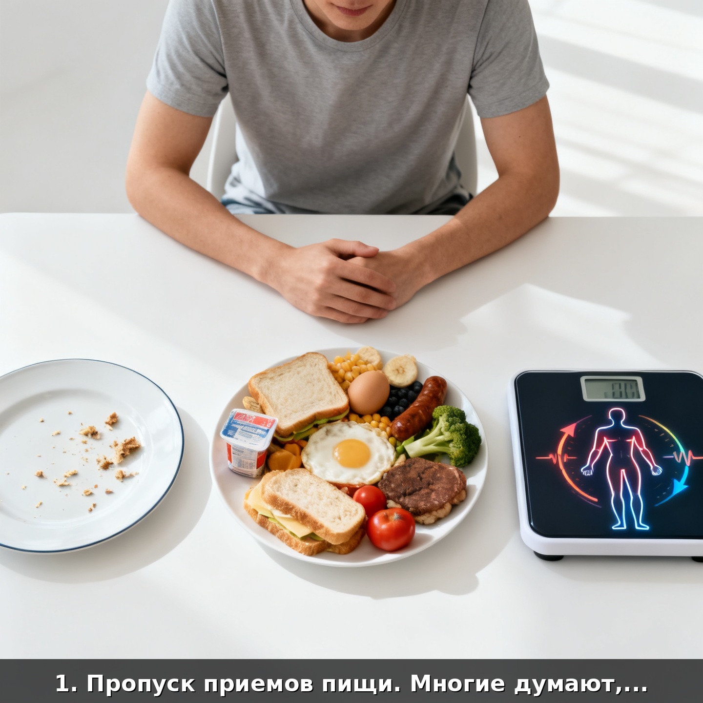1. Пропуск приемов пищи. Многие думают, что, если не завтракать или пропустить обед, они сэкономят калории. На самом деле это замедляет метаболизм и приводит к перееданию позже.