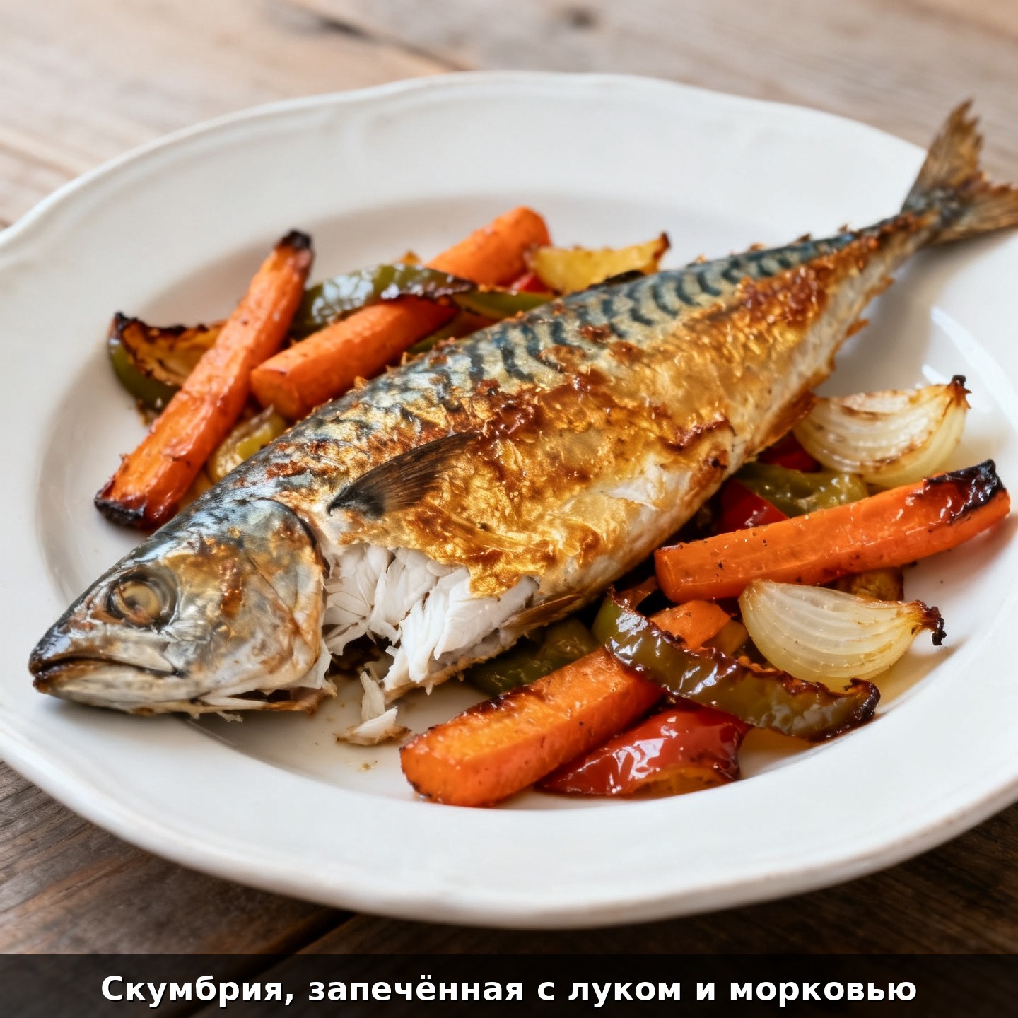 Скумбрия, запечённая с луком и морковью
