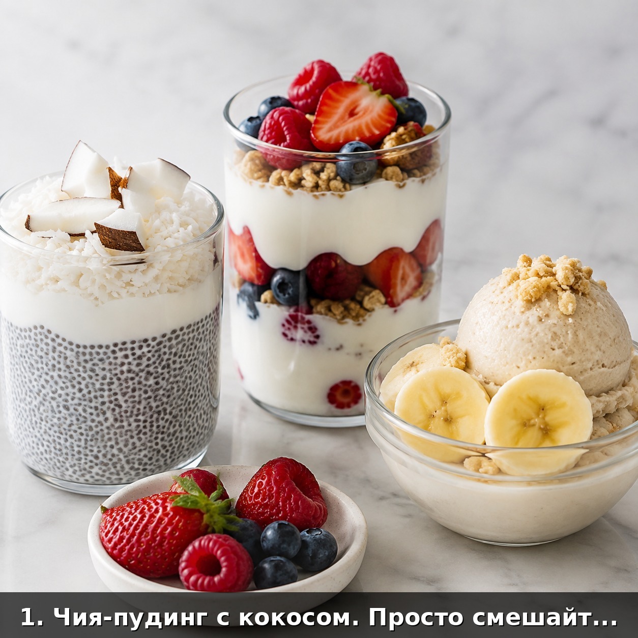 1. Чия-пудинг с кокосом. Просто смешайте семена чиа с кокосовым молоком и оставьте на 10 минут. Можно добавить фрукты!
