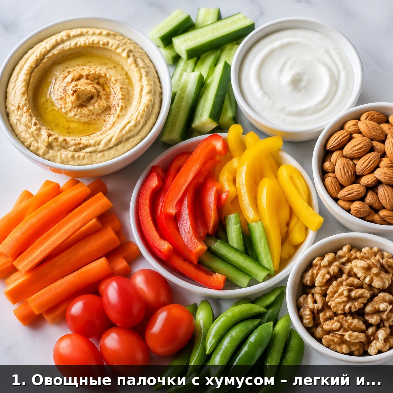 1. Овощные палочки с хумусом – легкий и питательный перекус, который наполнит энергией.
